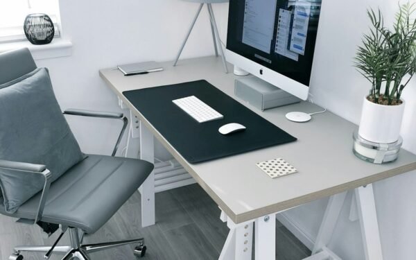 Minimalist Scandinavian home office desk with ergonomic chair, laptop, and plant