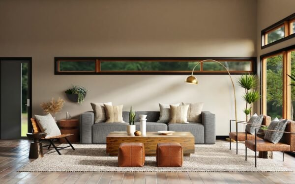 Modern curated interior with warm earth tones, linen curtains, and abstract wall art