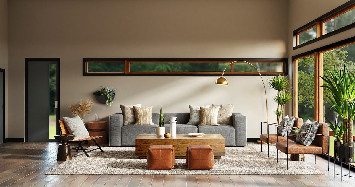 Modern curated interior with warm earth tones, linen curtains, and abstract wall art