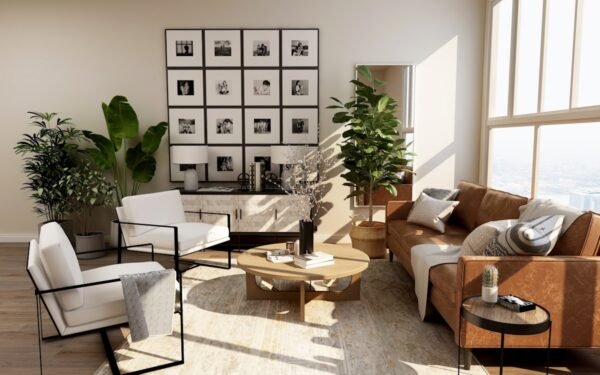 Airy modern living room with large window, cream sofa, and natural light